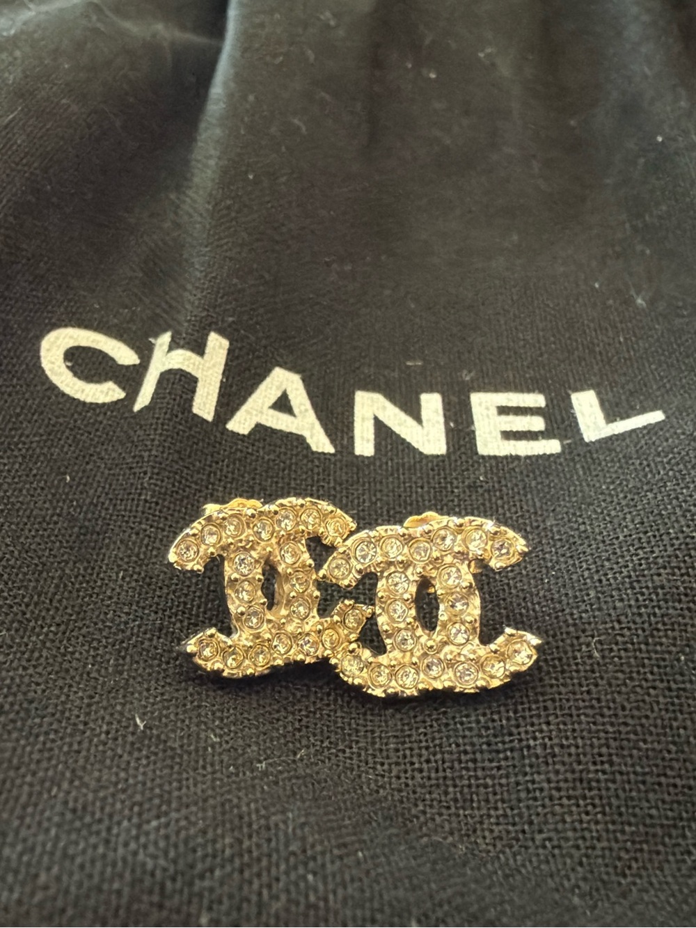CHANEL Gold Crystal Double C Logo Earrings